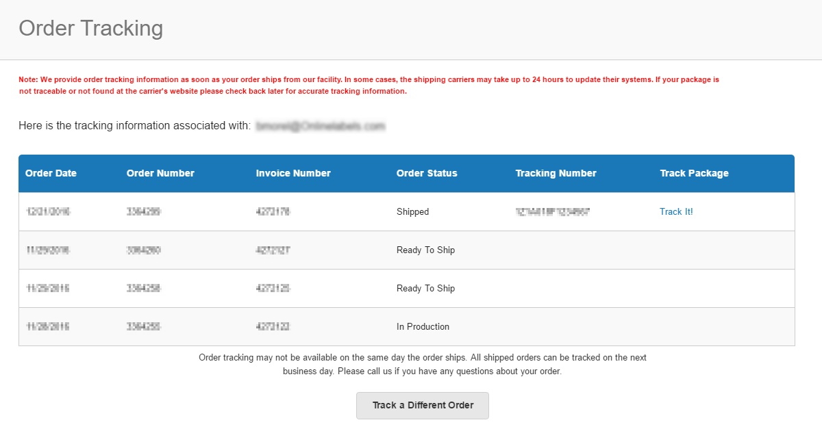 Order tracking results, with no order specified