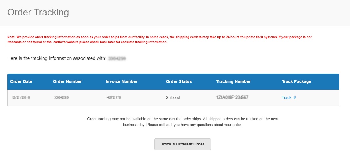 Order tracking results, for specified order